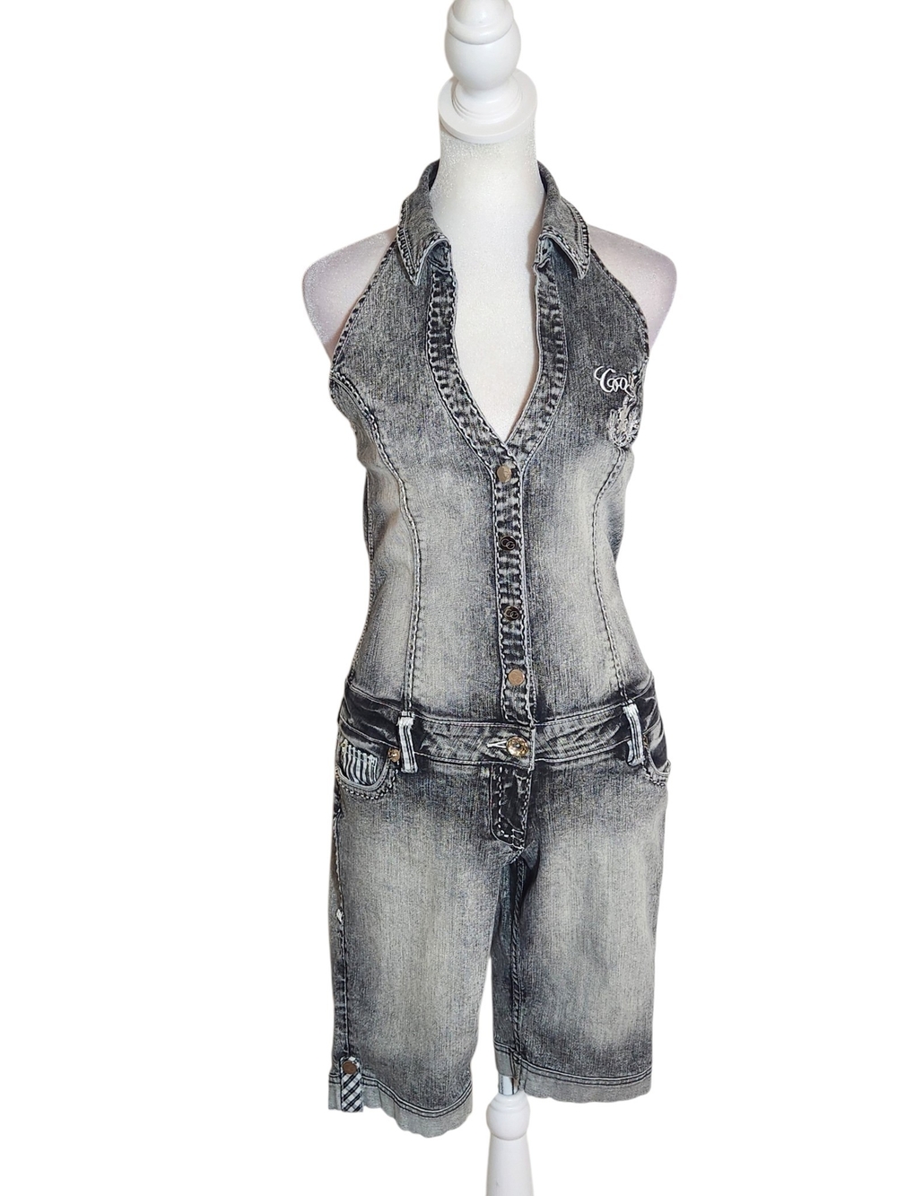 Coogi Black-Gray Distressed Denim Halter Jumpsuit Shorts Size 5/6